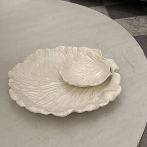 MCM Whittier Pottery Cabbage Leaf 2 tier Chip and Dip Bowl. 13" NICE